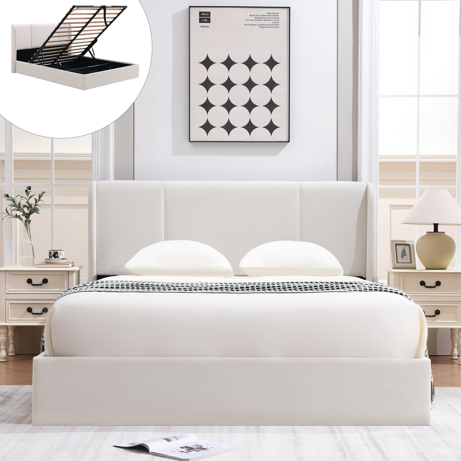 VELOCAVA Queen Size Lift Up Storage Bed with Modern Wingback Headboard, Upholstered Platform Bed with Fabric with Hydraulic Support Bars, No Box Spring Needed, Large Underneath Storage, White