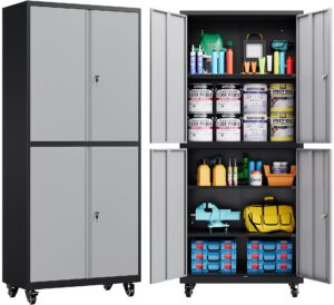 sisesol metal storage cabinet with wheels,rolling garage storage cabinet with lock,gray metal cabinet with shelves,tool cabinet,tall storage cabinet on wheels for garage,home,office,shop