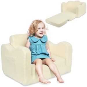 kids couch for toddlers and baby, 2-in-1 convertible toddler chair sofa to lounger, comfy kids couch fold out with side pocket and handle for reading, naping, watching, cream