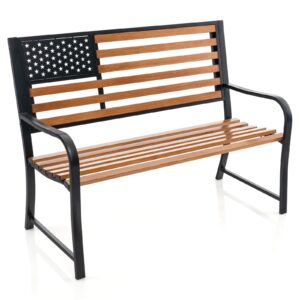 tangkula 50” outdoor garden bench, 2-person metal patio chair with flag pattern backrest & rustic wood grain finish, patriotic bench with arms for porch, deck, park, brown & black