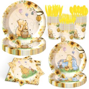 140pcs disposable winnie baby shower party supplies classic bear party decorations for kids boys birthday neutral themed plates napkin cups disposable tableware set serves 20 guests