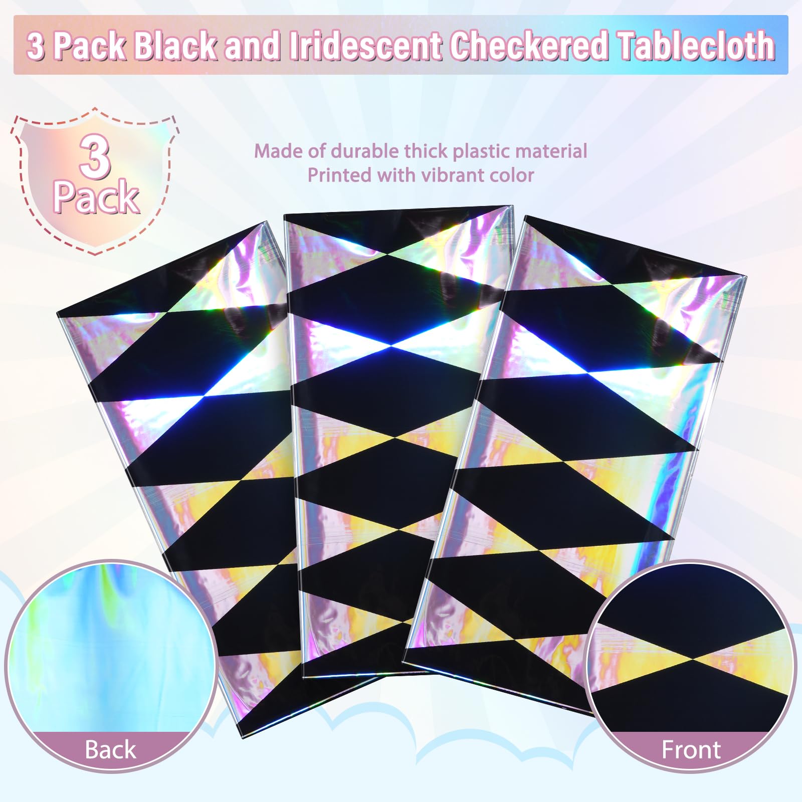 3 Pack Black and Iridescent Diamond Checkered Plastic Tablecloths, Black Gingham Plastic Table Cover, Holographic Foil Rectangle Tablecloth for Wonderland Picnic Camping Oktoberfest Party, 54x108 Inch