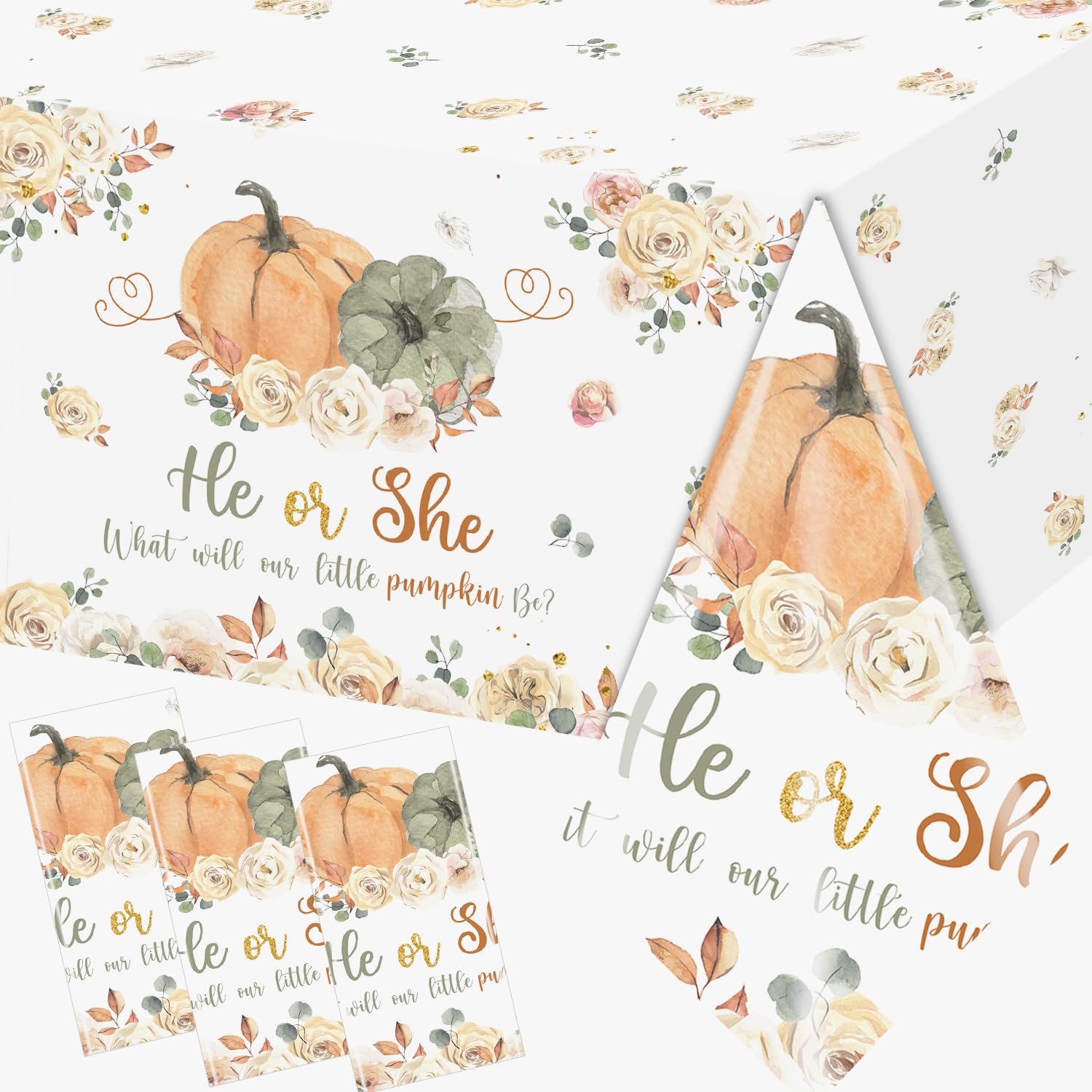 Peghoqu Fall Pumpkin Gender Reveal Tablecloth,He or She Pumpkin Floral Gender Reveal Party Decorations,What Will Our Little Pumpkin Be Disposable Table Cover for Autumn Baby Shower Supplies