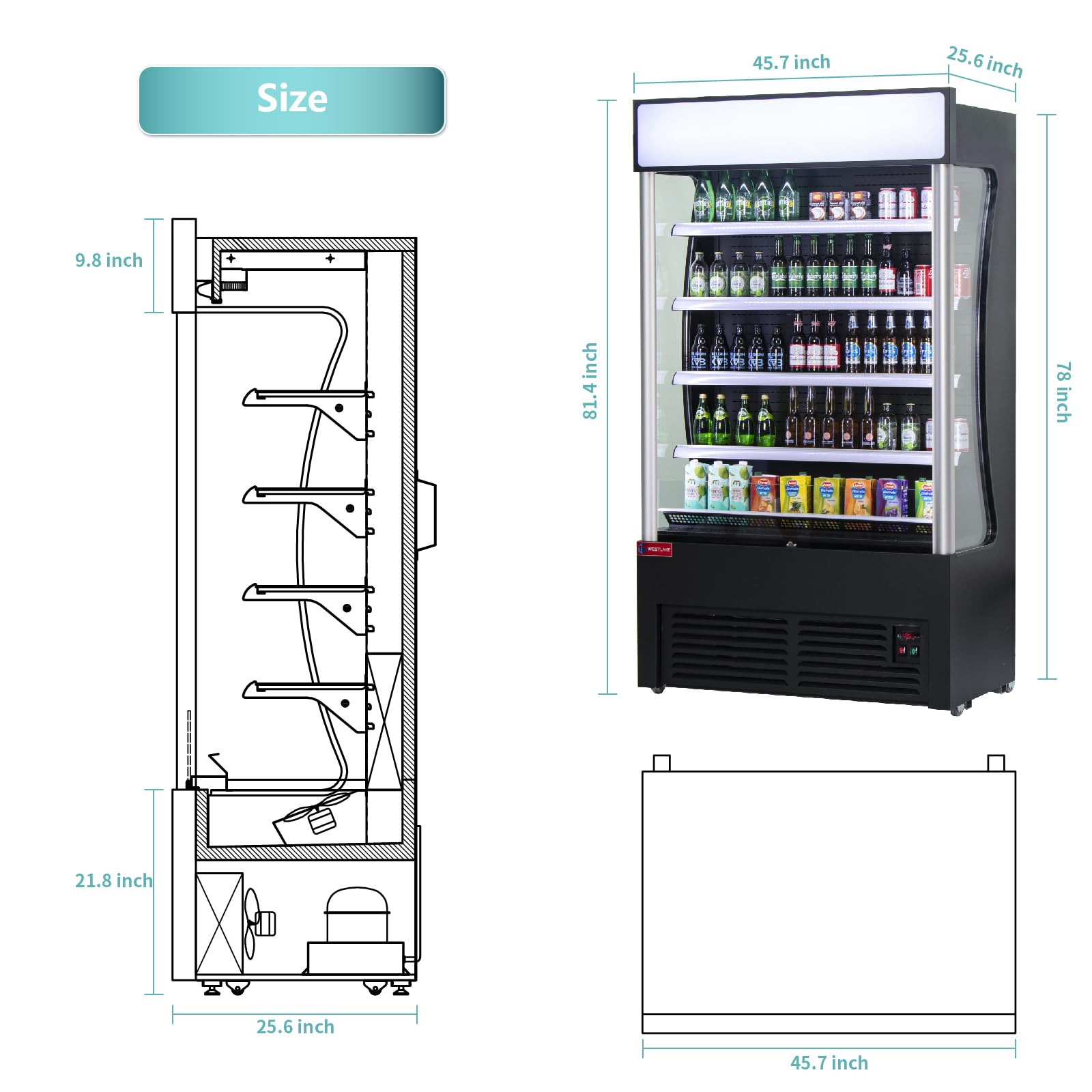 WESTLAKE Commercial Refrigerator Open Air Merchandiser with LED Lighting and Night Curtain 24 Cu.ft 45.7” W 25.6" D Upright Fan Cooling Display Cooler for Stores, Supermarkets, Bar, Shops, etc