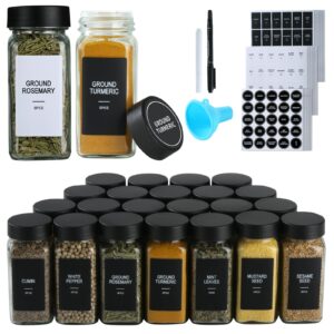 gmamxd 24 glass spice jars with labels,spice jar set,4oz seasoning containers,spice containers with black airtight lids and shaker lids,square empty spice bottles, 492 labels,2 marker pens,1 funnel