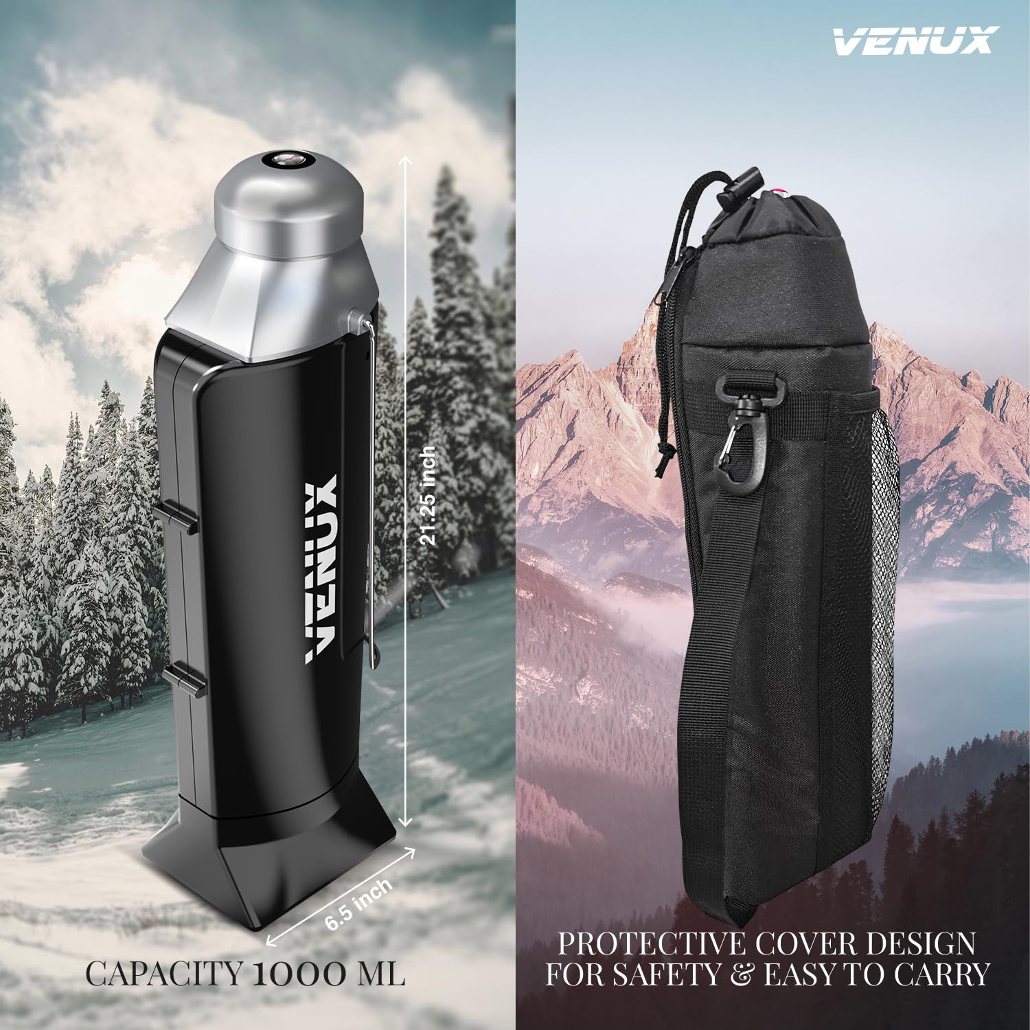 VENUX Portable Solar Water Heater Kettle - Sun Powered Flask for Camping, Hunting & Home Use - Boils Water for Safe Drinking Emergency Use Eco-Friendly Gas/Electricity-Free 1000 ML