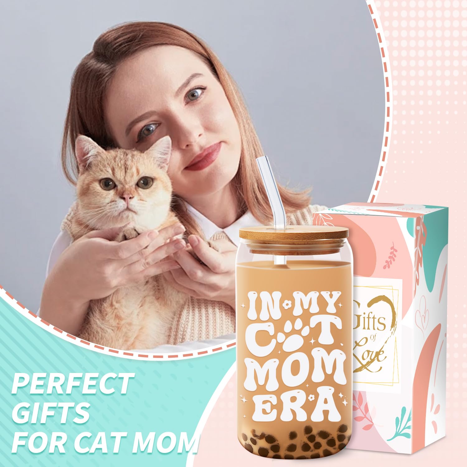 In My Cat Mom Cup Gifts for Cat Lover Cat Mom Gifts - 16 oz Cool Cat Mom Glass Coffee Cup with Straw and Lid - Unique Birthday Gift for Mothers Day Christmas for Cat Owners Cat Moms Gifts