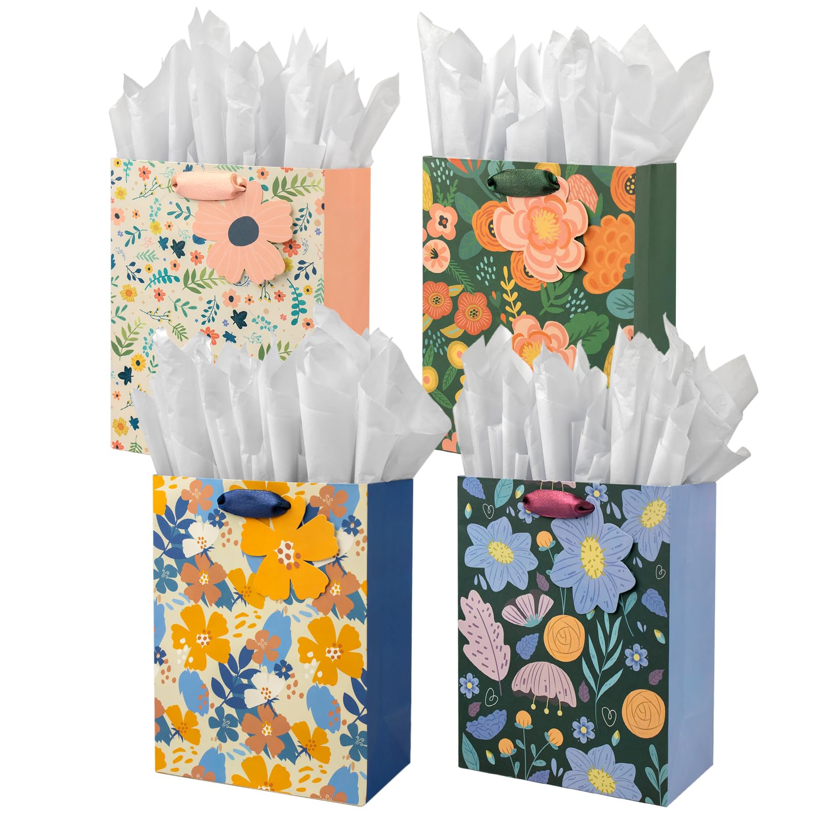 cofullsky Gift Bags Medium Size, Four Flower Designs Gift Bags with Tissue Paper for Wedding Bridal Baby Shower Women Reusable Gift Bags with Handles for Valentines Day Christmas Holiday Birthdays