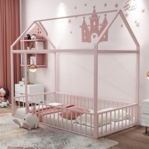 indsumot twin size montessori floor bed, metal house bed frame with fence rails, kids playhouse beds for girls boys teens, pink