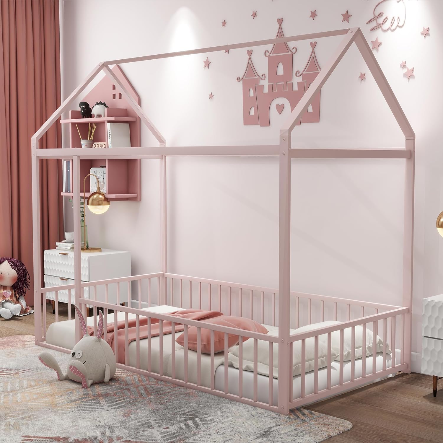 INDSUMOT Twin Size Montessori Floor Bed, Metal House Bed Frame with Fence Rails, Kids Playhouse Beds for Girls Boys Teens, Pink