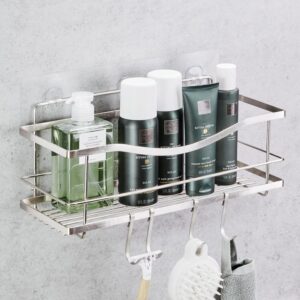 ilikenew luxury multipurpose storage caddy, 12.75w x 5d x 5h inches, 4 hooks, peel and stick, rustproof stainless steel, shower organizer, under-sink, spice rack wall shelf (1)