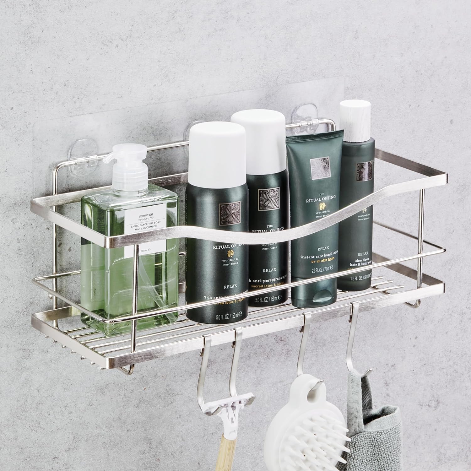 iLikeNew Luxury Multipurpose Storage Caddy, 12.75W x 5D x 5H inches, 4 Hooks, Peel and Stick, Rustproof Stainless Steel, Shower Organizer, Under-Sink, Spice Rack Wall Shelf (1)