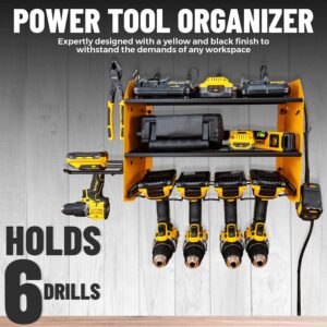 Power Tool Organizer with 6 Drill Holders – 8 Integrated Charging Outlets - Heavy Duty Wall Mounted Storage Rack for Drills, Cordless Tools, and Accessories – Multiple Hooks - Spacious Design