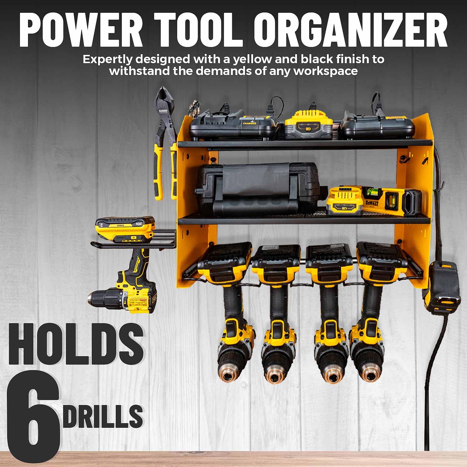 Power Tool Organizer with 6 Drill Holders – 8 Integrated Charging Outlets - Heavy Duty Wall Mounted Storage Rack for Drills, Cordless Tools, and Accessories – Multiple Hooks - Spacious Design