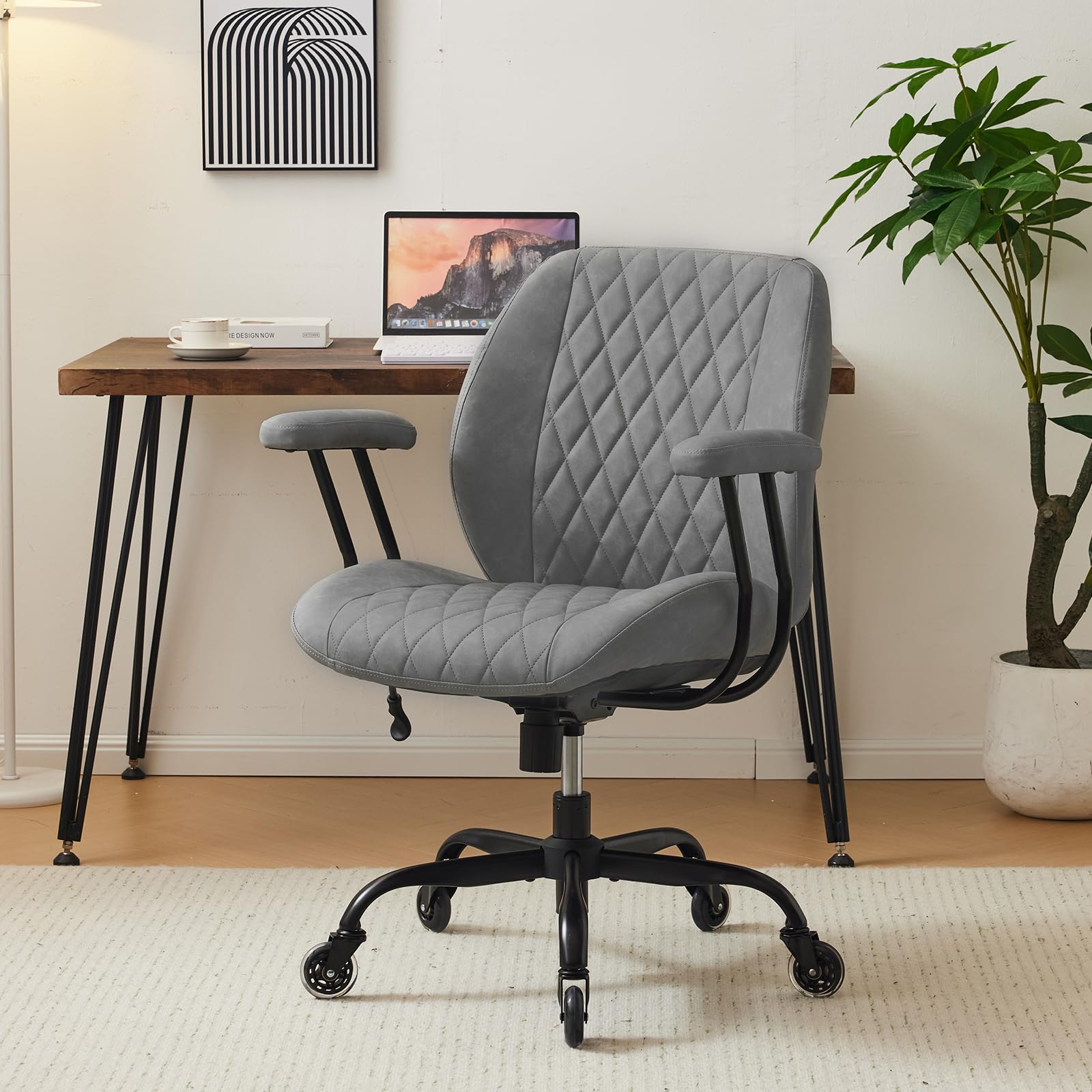 YFO Home Office Desk Chair Office Rubber Chair Casters Ergonomic Computer Chair with Lumbar Support Adjustable Height Rolling Swivel Chair Executive Task Armrests Chair, Grey Leather