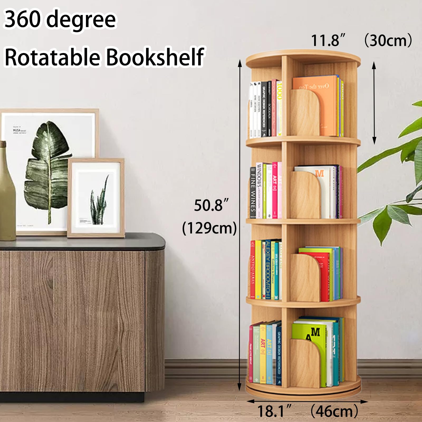 Feuusec 4 Tier Rotating Bookshelf Tower,360°Display Spinning Bookshelf for Kids&Adults,Corner Bookshelf for Small Space,Soild Wood Bookcase for Bedroom,Living Room