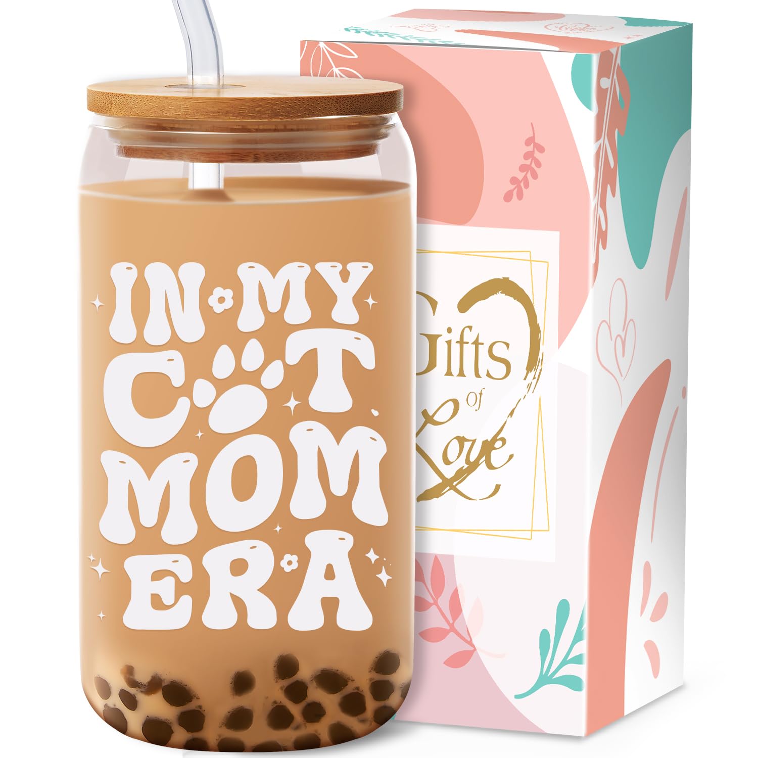 In My Cat Mom Cup Gifts for Cat Lover Cat Mom Gifts - 16 oz Cool Cat Mom Glass Coffee Cup with Straw and Lid - Unique Birthday Gift for Mothers Day Christmas for Cat Owners Cat Moms Gifts