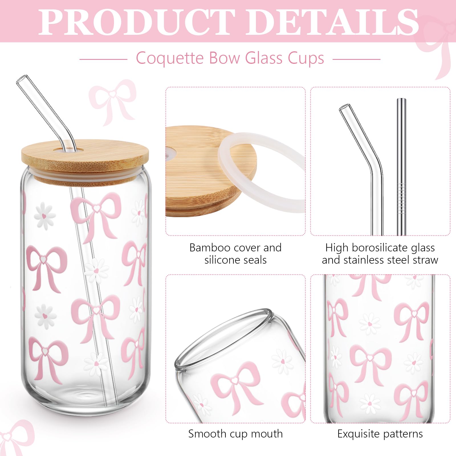 Coquette Bow Aesthetic Cup with Clear Gift Bag, Glass Cups with Lids and Straws, 16 oz Iced Coffee Smoothie, Beer Glass Cup Tumbler Trendy Glass Cup for Girls Bestfriend Sister Girlfriend (Pink Bow)