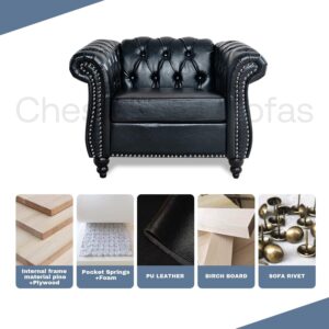 Chesterfield Sofa 2 Piece Set, Modern Black Faux Leather 3 Seater Couches and Sofa Chairs, Upholstered Tufted Button,Scroll Arms and Nailhead Trim, Sectional Sofa Set for Living Room Office Bedroom