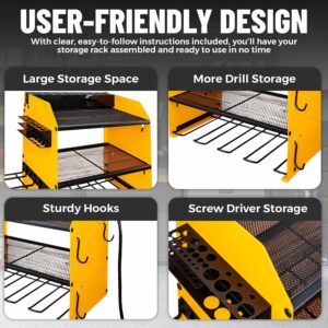 Power Tool Organizer with 6 Drill Holders – 8 Integrated Charging Outlets - Heavy Duty Wall Mounted Storage Rack for Drills, Cordless Tools, and Accessories – Multiple Hooks - Spacious Design