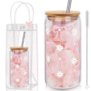 coquette bow aesthetic cup with clear gift bag, glass cups with lids and straws, 16 oz iced coffee smoothie, beer glass cup tumbler trendy glass cup for girls bestfriend sister girlfriend (pink bow)