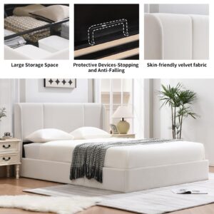 VELOCAVA Queen Size Lift Up Storage Bed with Modern Wingback Headboard, Upholstered Platform Bed with Fabric with Hydraulic Support Bars, No Box Spring Needed, Large Underneath Storage, White