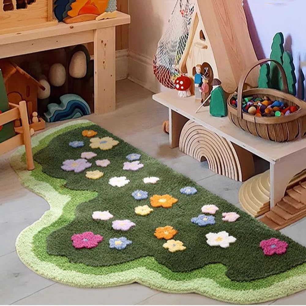 YYINYXY Green Moss Carpet for Bedroom 3D Irregular Aesthetic Bed Rug Living Room Cute Floral Sofa Rug Microfiber Fleece Carpet Home Decor (20x39'')