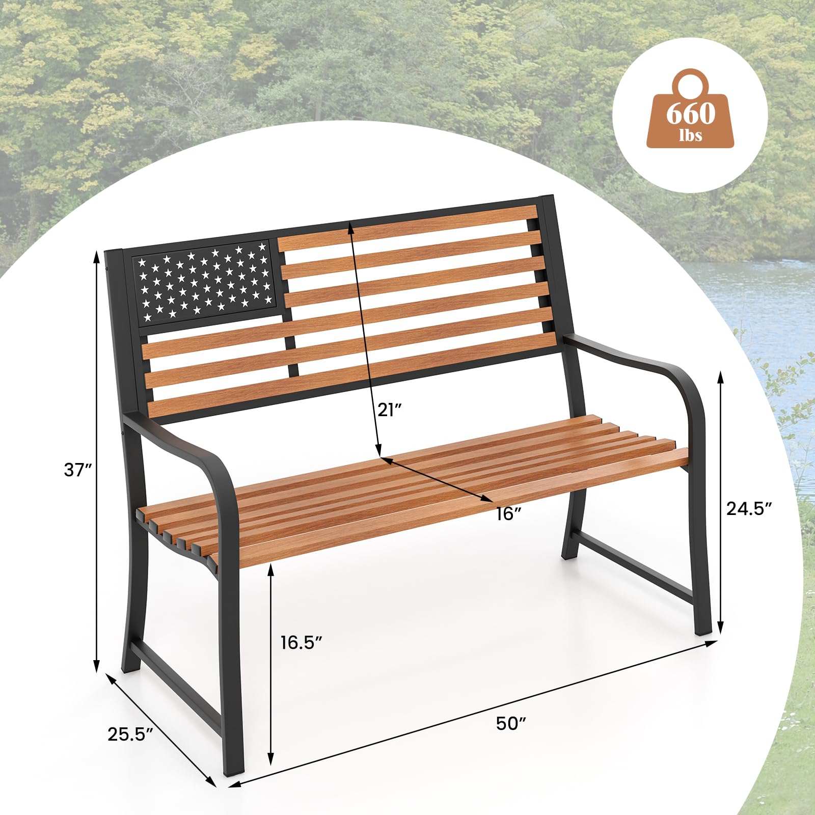 Tangkula 50” Outdoor Garden Bench, 2-Person Metal Patio Chair with Flag Pattern Backrest & Rustic Wood Grain Finish, Patriotic Bench with Arms for Porch, Deck, Park, Brown & Black