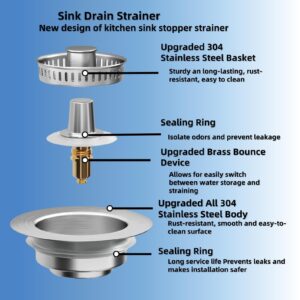 3 in 1 Kitchen Sink Drain Strainer,Stainless Steel & Brass Pop Up Sink Stopper,for Us Standard 3-1/2 Inch Sink Bounce Core Drain Strai