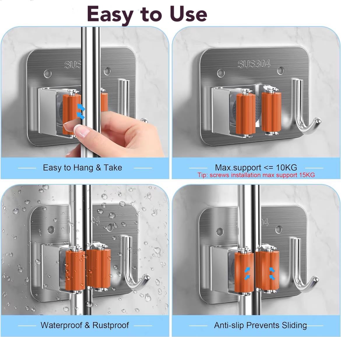 Generic 2 Pack Mop Holder Wall Mount Stainless Steel with Hook, Screw Drilling or Self Adhensive Broom Holder, Storage Rack for Closet Laundry Garage Garden Tool Origanizer, Orange