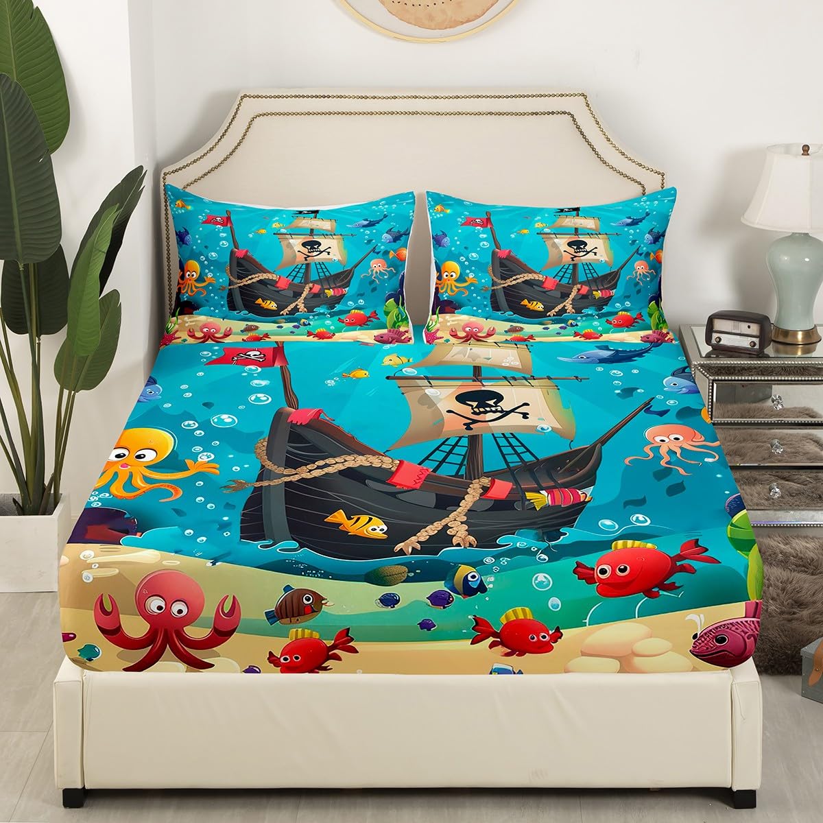 Cartoon Pirate Ship Fitted Sheet Twin Size Marine Adventure Bedding Set Girls Boys Adults Underwater Fish Bed Cover Cute Octopus Jellyfish Bed Sheet,1 Pillowcase