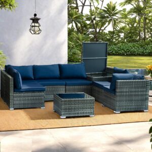 pierybyt 8-piece pe rattan wicker outdoor sectional sofa set, modular patio furniture with thickened cushions, hidden storage & conversation patio set with glass top coffee table (gray-blue)