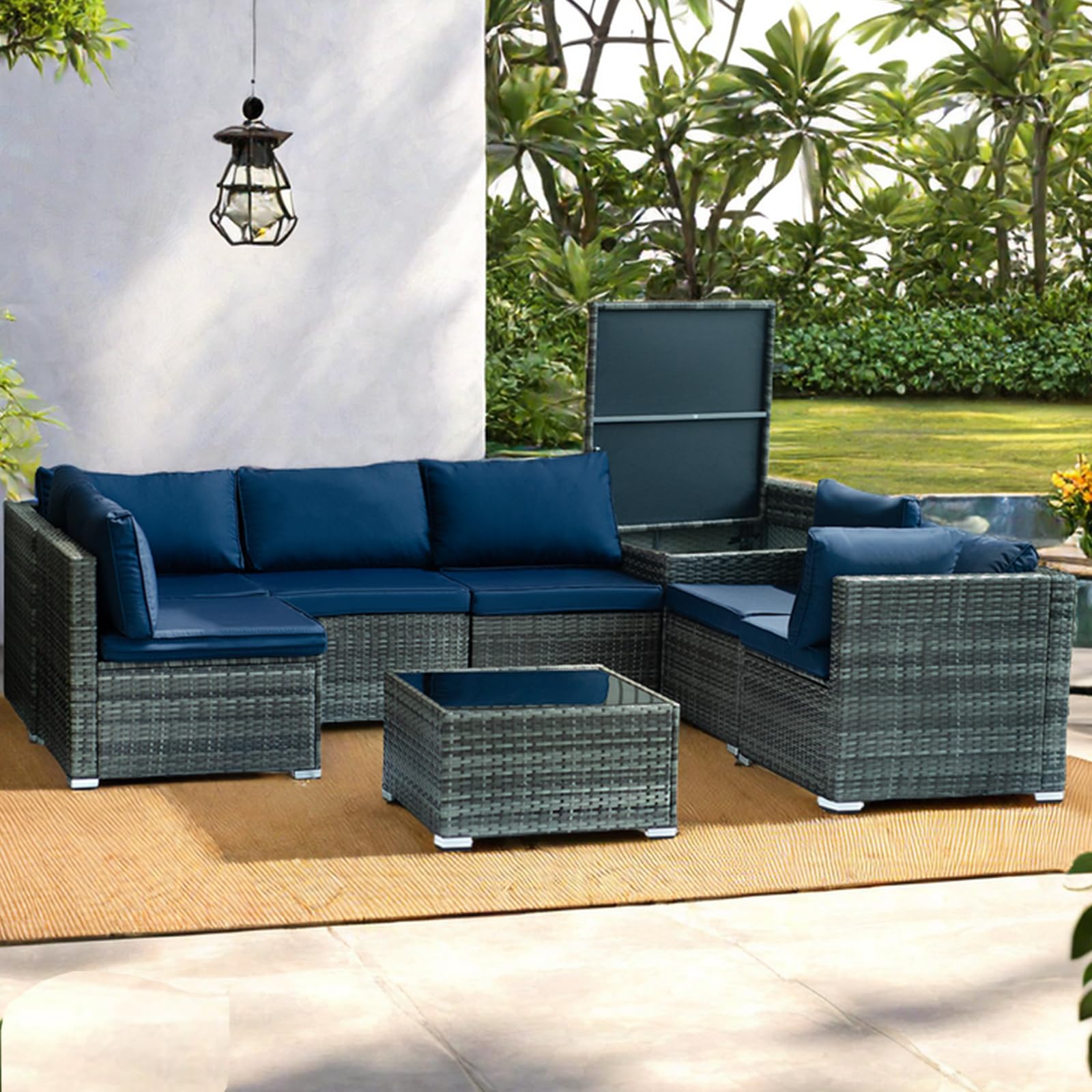 Pierybyt 8-Piece PE Rattan Wicker Outdoor Sectional Sofa Set, Modular Patio Furniture with Thickened Cushions, Hidden Storage & Conversation Patio Set with Glass Top Coffee Table (Gray-Blue)