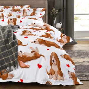 ARIGHTEX 3 Pieces Small Basset Hound Pattern Duvet Cover Set King Size Ultra-Soft Cute Dogs Red Heart Print Bedding Set 1 Duvet Cover and 2 Pillowcases