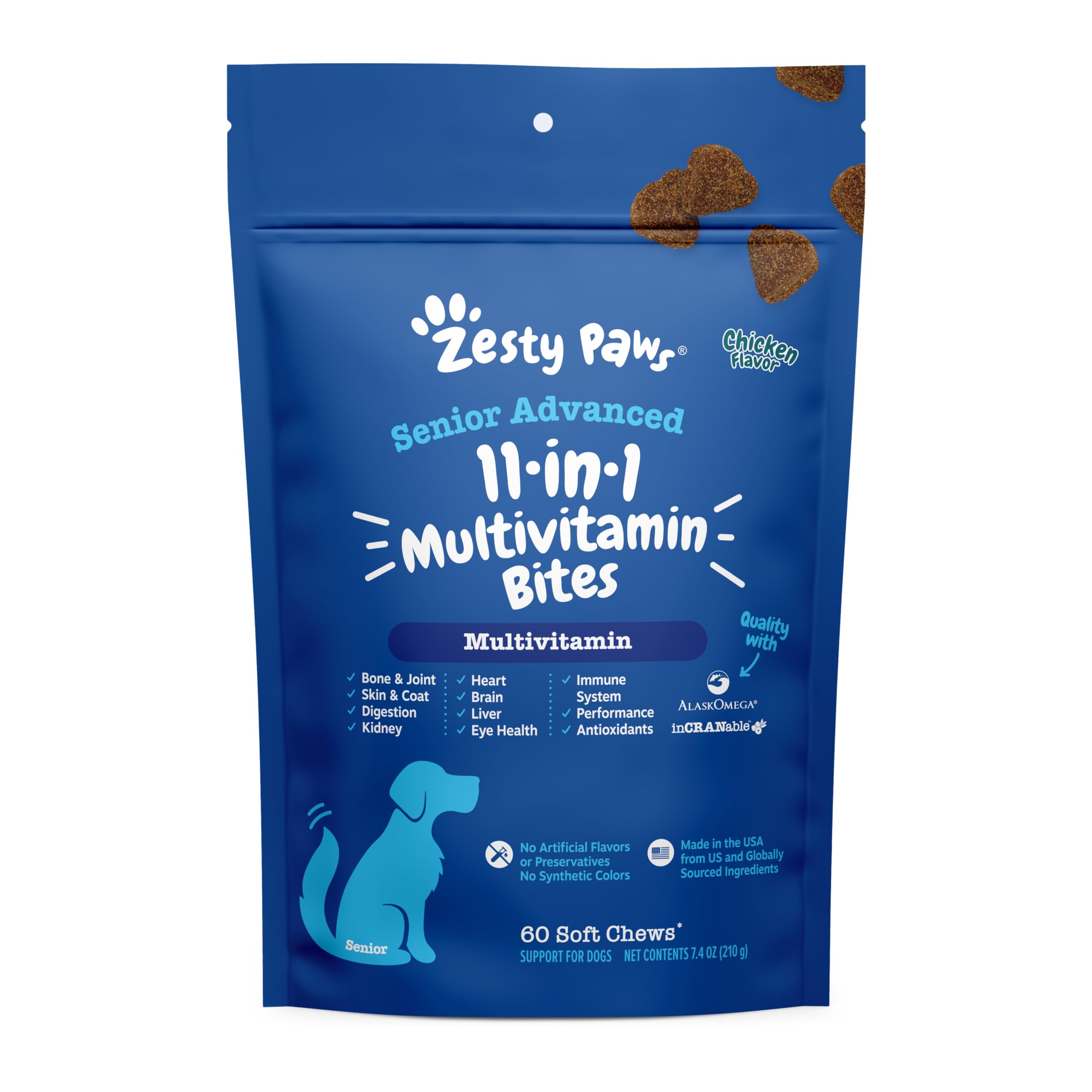 Zesty Paws Multivitamin Treats for Dogs - Glucosamine Chondroitin for Joint Support + Digestive Enzymes & Probiotics - Grain Free Dog Vitamin for Skin & Coat + Immune Health Chicken - Advanced - 60ct