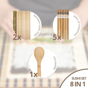 Bamboo Sushi Making Kit Sushi Roller Kit With Bamboo Sushi Mats for Sushi Bamboo Sushi Maker Kit For Homemade Sushi Set With 8 Sushi Making Tools with 2 Bamboo Sushi Rolling Mat Sushi Roll Maker Kit