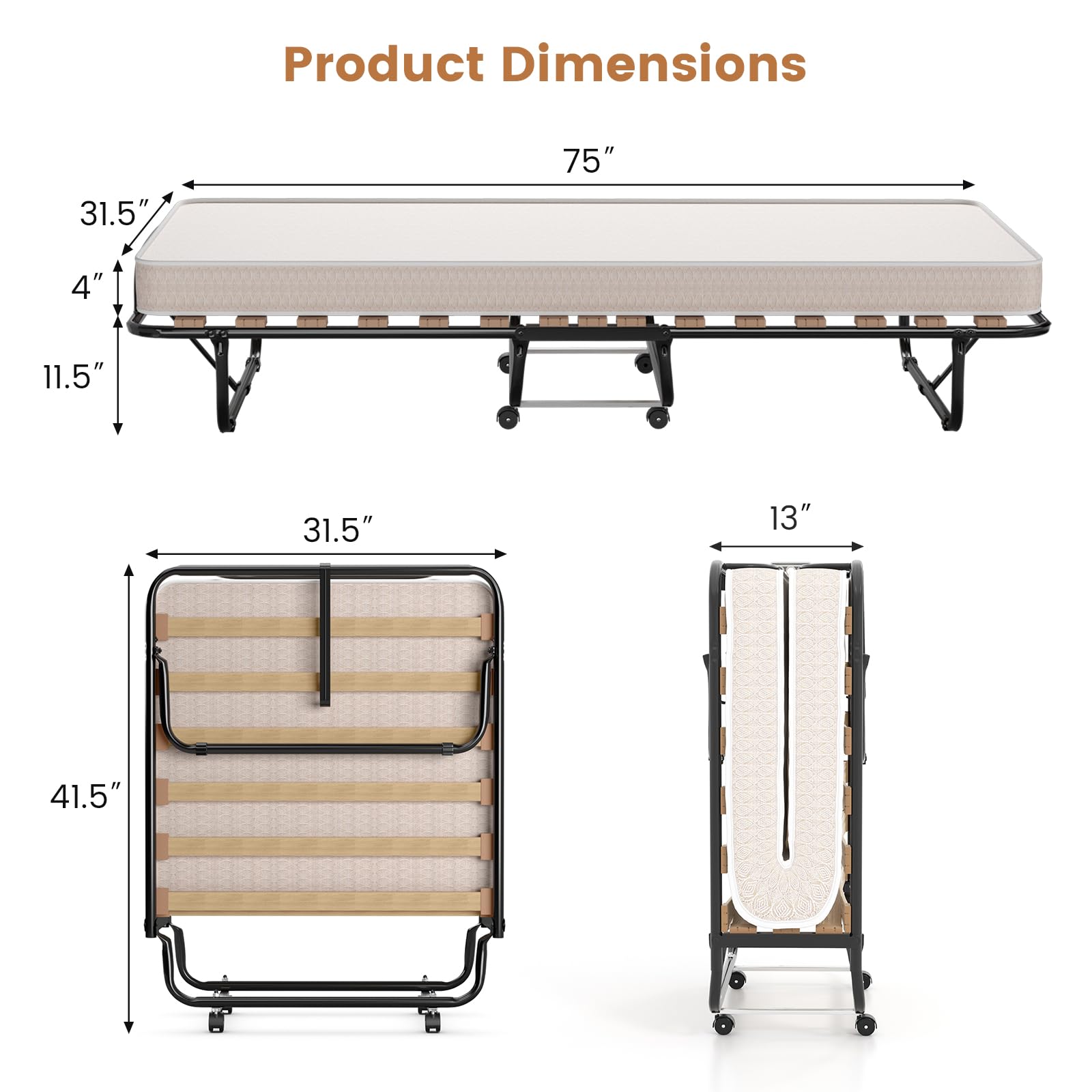 Giantex Folding Bed with Mattress - Single Cot Foldable Bed with 4" Mattress for Adults, 75" x 31" Portable Roll Away Guest Beds - Foldaway Temporary Beds for Guests, Made in Italy