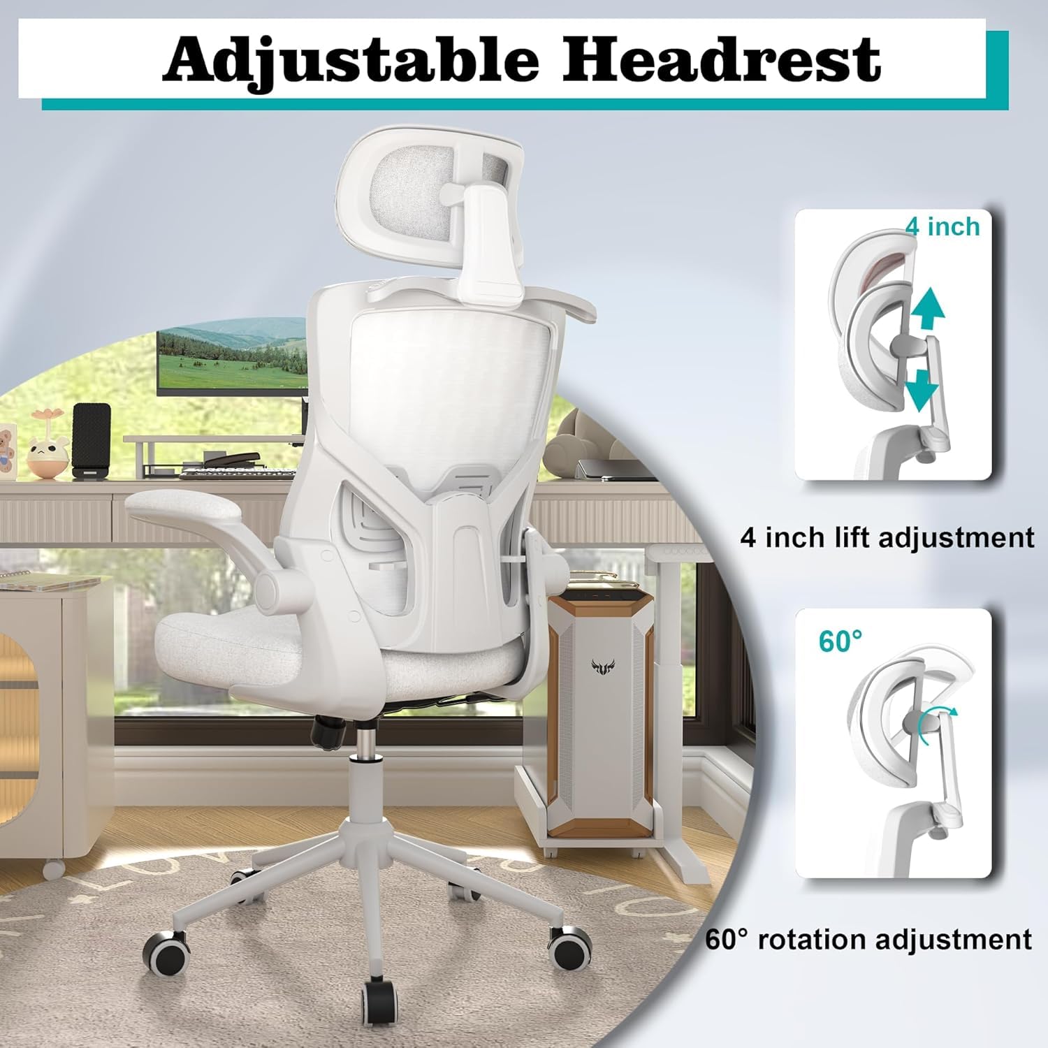 FOKESUN Ergonomic Office Chair, High Back Mesh Desk Chair with Molded Foam Cushion, Adjustable Headrest, Lumbar Support, Lock Function (All White)