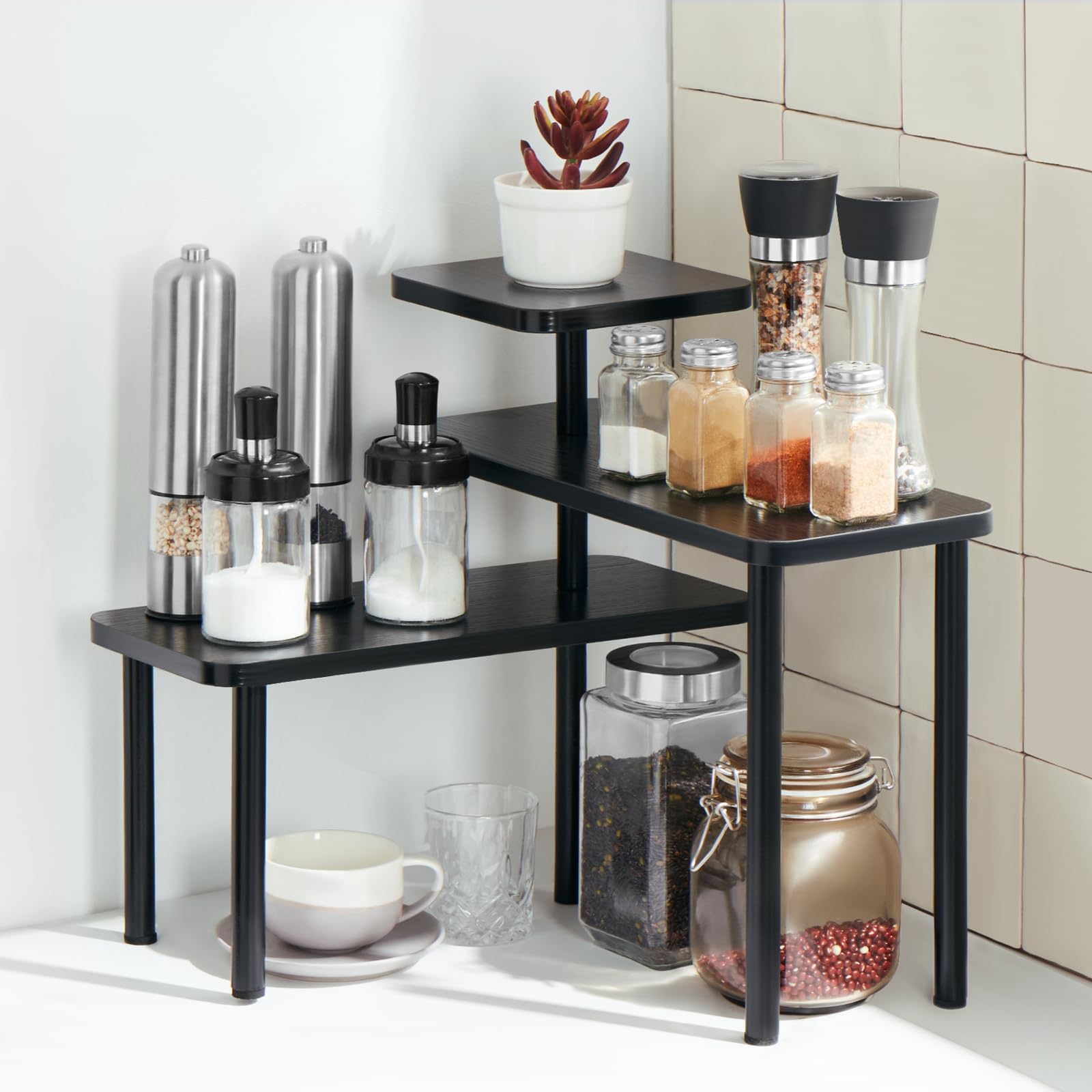 Apicizon 3 Tier Corner Shelf Kitchen Organizer, Bathroom Storage Display Countertop Organizer, Adjustable Spice Rack Corner Shelf for Kitchen, Bathroom, Coffee Area, Make Up, Desktop, Office, Black