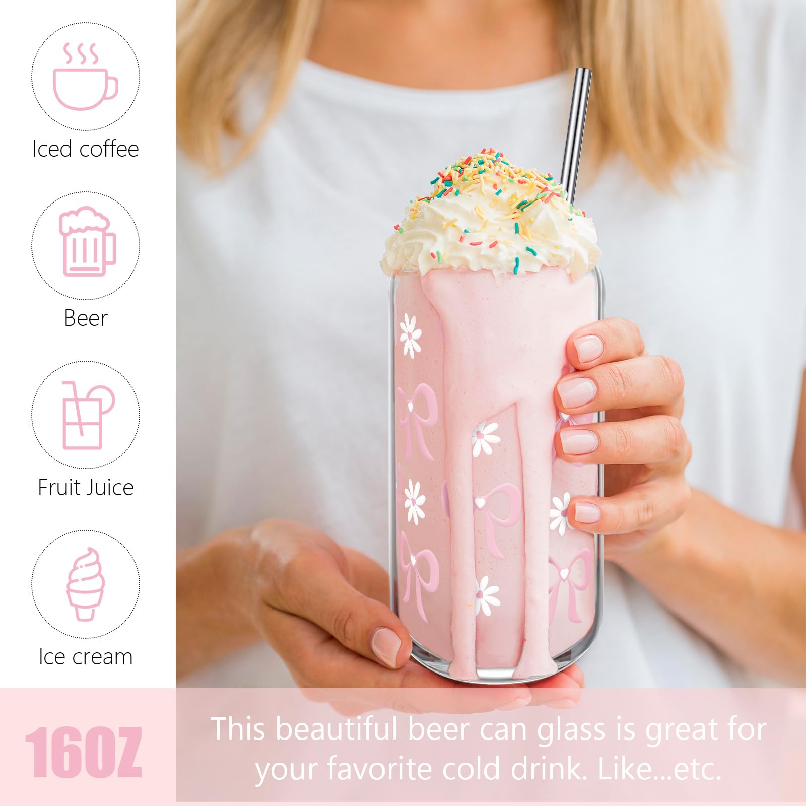 Coquette Bow Aesthetic Cup with Clear Gift Bag, Glass Cups with Lids and Straws, 16 oz Iced Coffee Smoothie, Beer Glass Cup Tumbler Trendy Glass Cup for Girls Bestfriend Sister Girlfriend (Pink Bow)