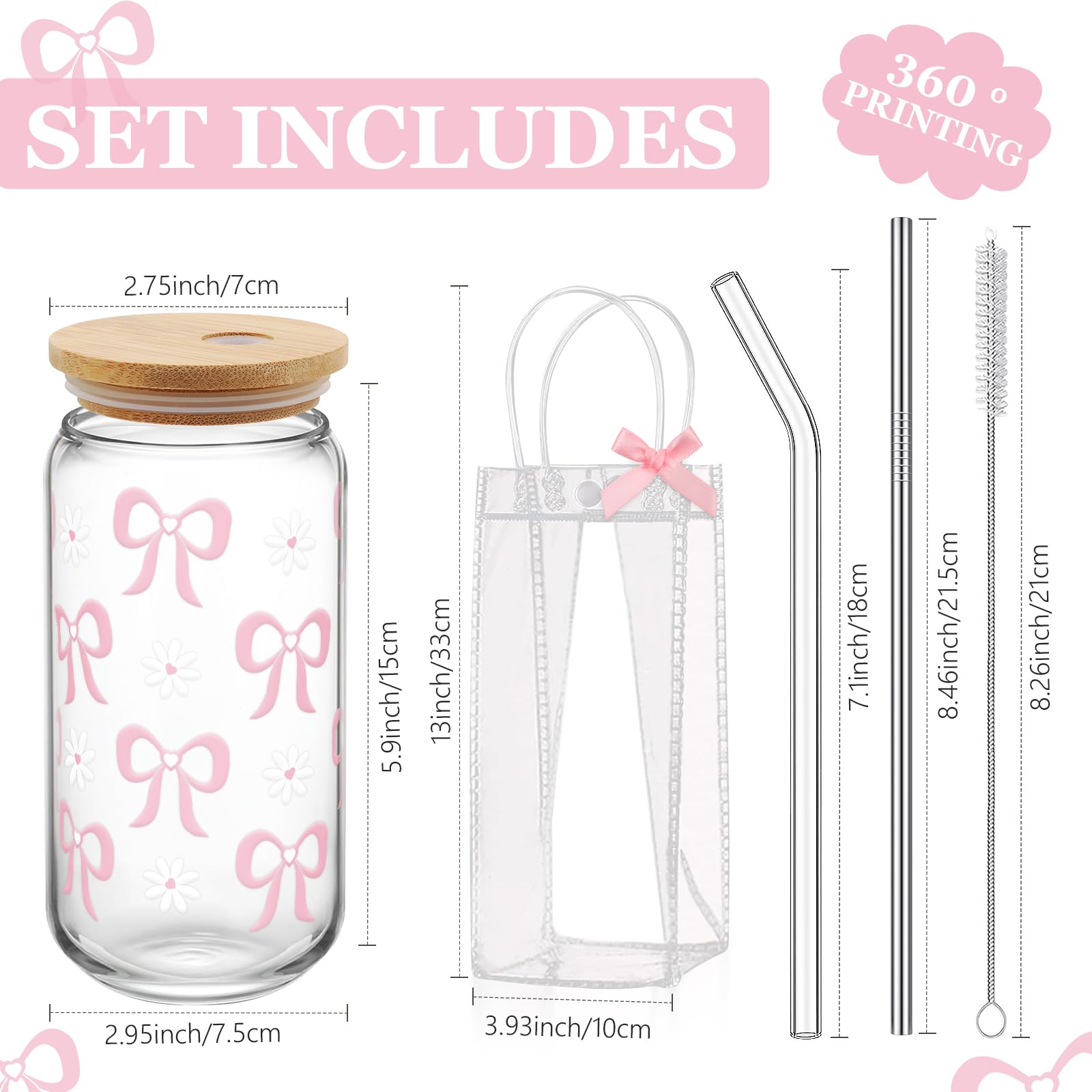 Coquette Bow Aesthetic Cup with Clear Gift Bag, Glass Cups with Lids and Straws, 16 oz Iced Coffee Smoothie, Beer Glass Cup Tumbler Trendy Glass Cup for Girls Bestfriend Sister Girlfriend (Pink Bow)