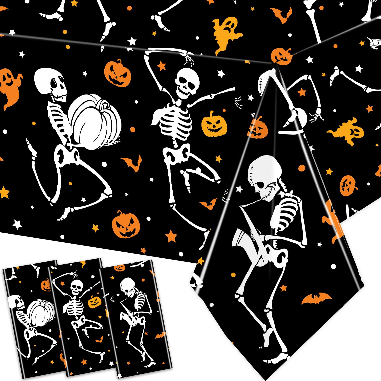 3Pcs Happy Halloween Tablecloth Disposable Halloween Skeleton Plastic Tablecloths Rectangle Plastic Halloween Table Decorations Ghost Table Covers for Halloween Party Supplies 70.8 x 42.5 Inch