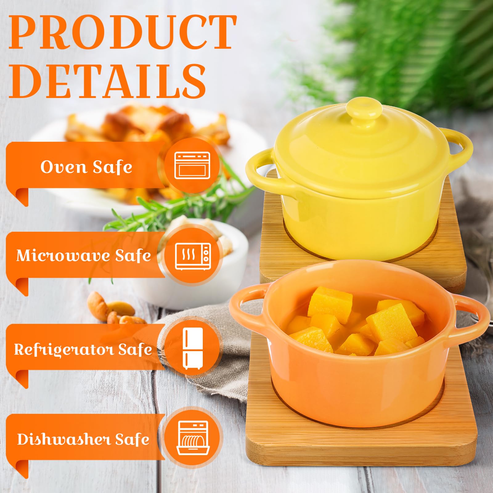 Mimorou 4 Set 7 oz Ceramic Mini Cocotte with Lid and Wooden Base Small Casserole Dishes with Lids Ceramic Soup Bowls Baking Ramekins Round Casserole for Home Thanksgiving Pumpkin Soup