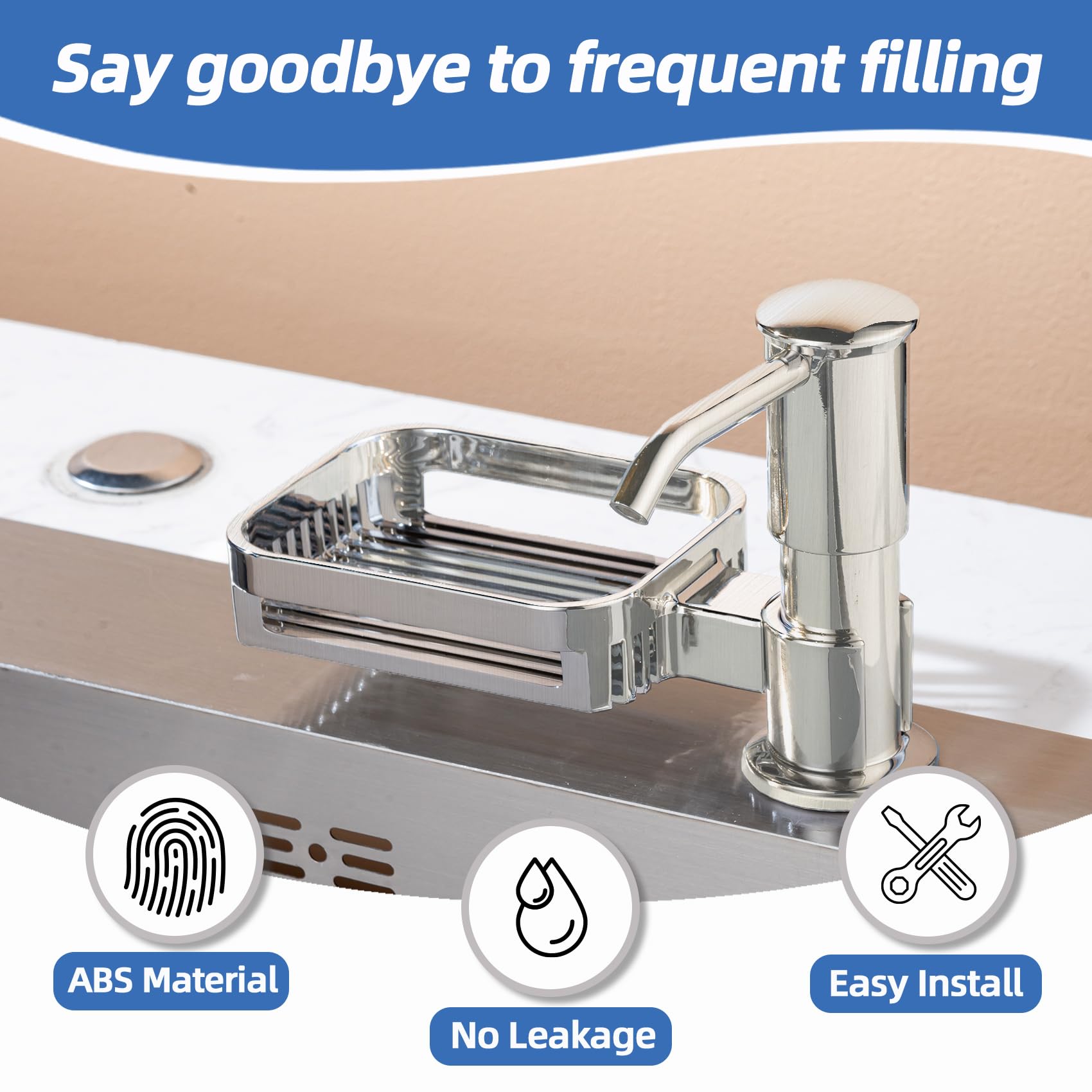 HAPPUP Soap Dispenser for Kitchen Sink, Built in Soap Dispenser Pump with Sponge Holder, Under Counter Brushed Nickel ABS Pump Head with 38" Extension Tube Kit, Good Suction Power