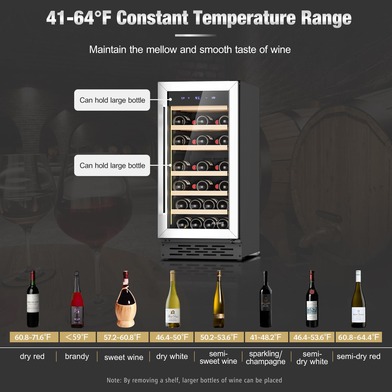 JINJUNYE 15Inch Wine Cooler Refrigerator,33 Bottle Wine Fridge Temperature Control, Built-in or Freestanding Wine Cellar for Red, White, Champagne, Sparkling Wine for Home Office Bar Stainless Steel