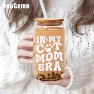 In My Cat Mom Cup Gifts for Cat Lover Cat Mom Gifts - 16 oz Cool Cat Mom Glass Coffee Cup with Straw and Lid - Unique Birthday Gift for Mothers Day Christmas for Cat Owners Cat Moms Gifts