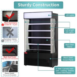 WESTLAKE Commercial Refrigerator Open Air Merchandiser with LED Lighting and Night Curtain 24 Cu.ft 45.7” W 25.6" D Upright Fan Cooling Display Cooler for Stores, Supermarkets, Bar, Shops, etc