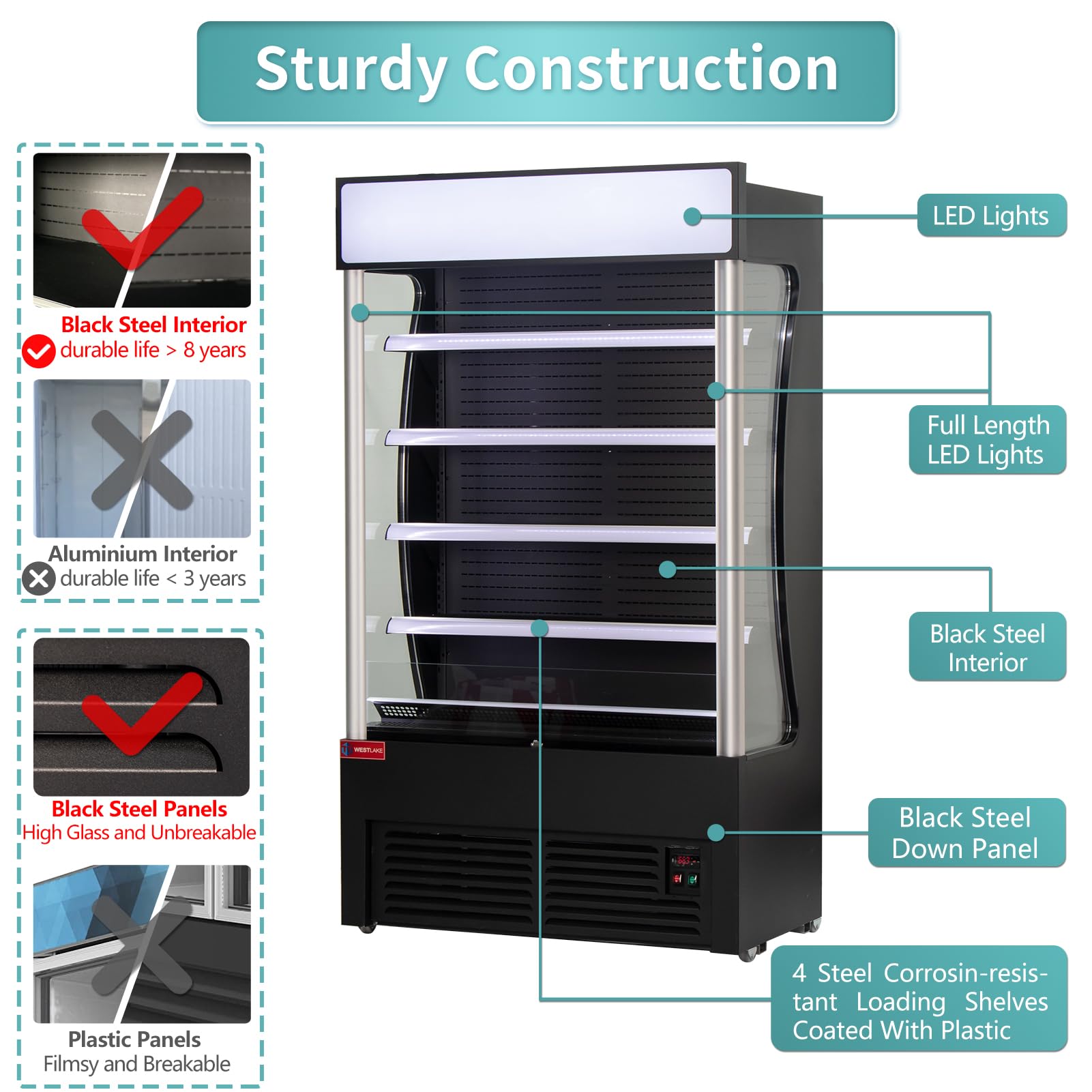 WESTLAKE Commercial Refrigerator Open Air Merchandiser with LED Lighting and Night Curtain 24 Cu.ft 45.7” W 25.6" D Upright Fan Cooling Display Cooler for Stores, Supermarkets, Bar, Shops, etc