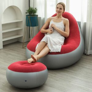 Inflatable Chair, Camping Lounge Chair, Portable Inflatable Lounge Chair, Folding Lazy Sofa Blow Up Couch With With Footrest Stool, Air Sofa Inflatable Couch Outdoor Furniture For Indoor Outdoor, Red