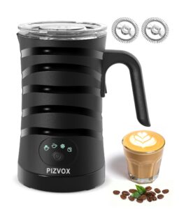 pizvox 4-in-1 electric milk frother and steamer - versatile & quiet foam maker with automatic shut-off - perfect for lattes, cappuccinos, macchiato - large 350ml capacity for home baristas (black2)